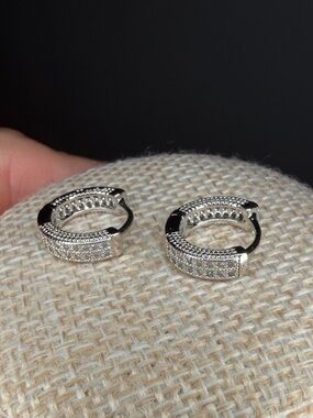 Petite Silvertone Pavé Huggie Hoop Earrings